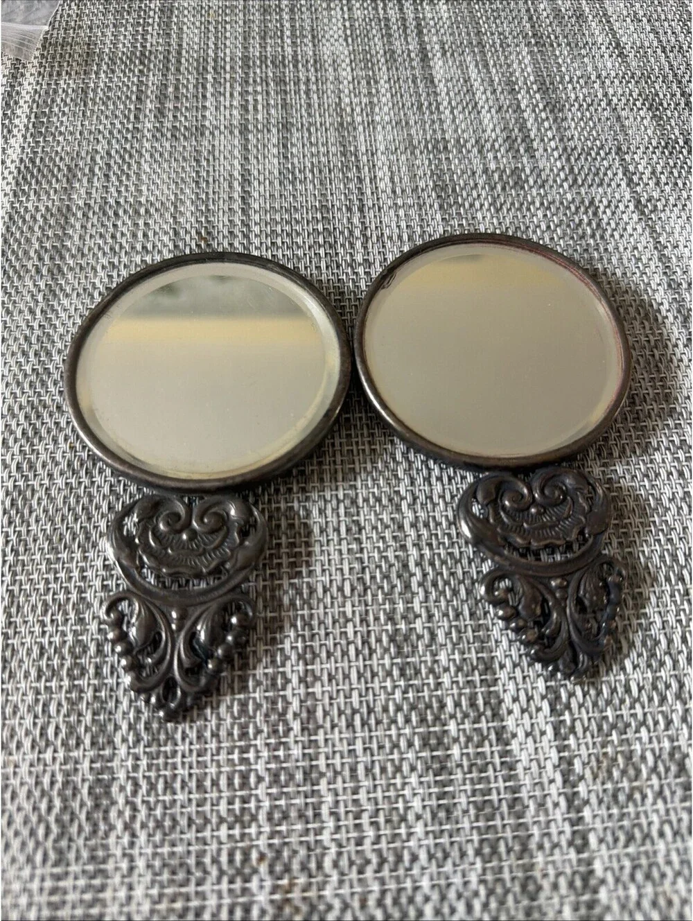 2 Vintage Hans Jensen Pocket Mirror Repousse Denmark Antiqued Silver Tone